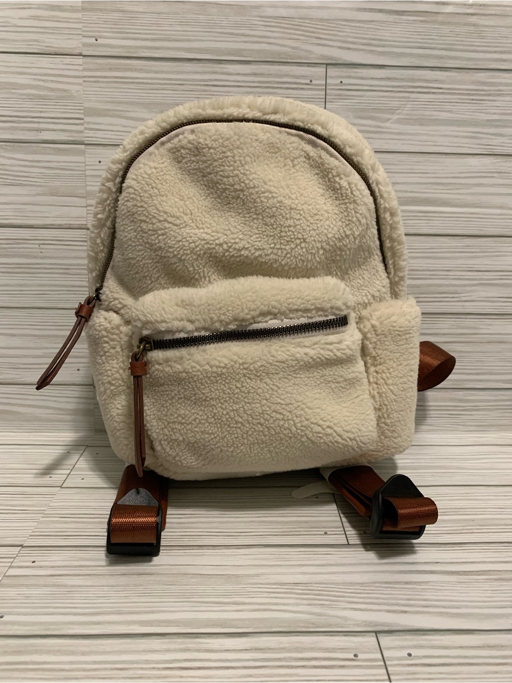 Cream Sherpa Mini Backpack with Brown Accents